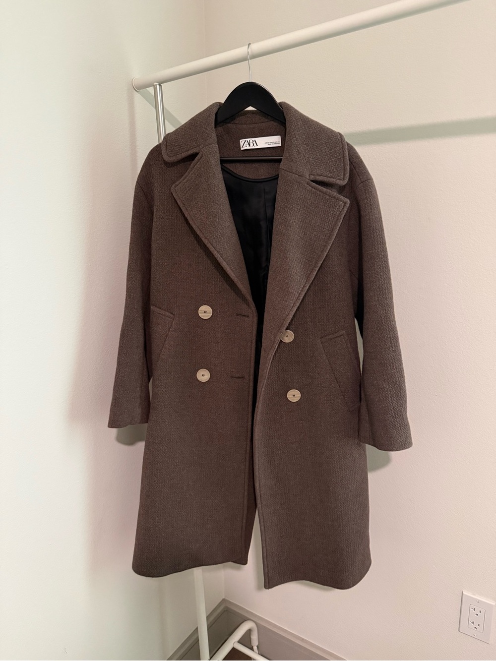 Zara Brown Double-Breasted Wool Pea Coat